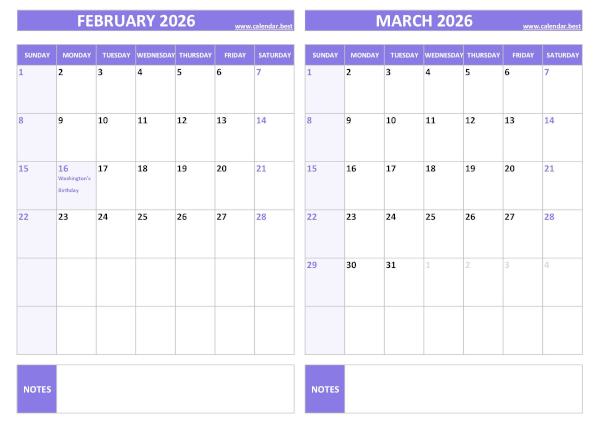 February and March 2026 calendar with US holidays, A4 landscape, purple template