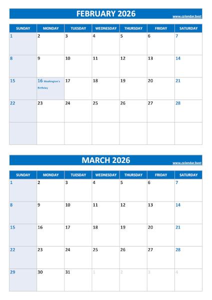 February and March 2026 calendar with US holidays, A4 portrait, blue template