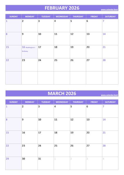 February and March 2026 calendar with US holidays, A4 portrait, purple template