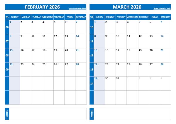 February and March 2026 calendar with week numbers, A4 landscape, blue template