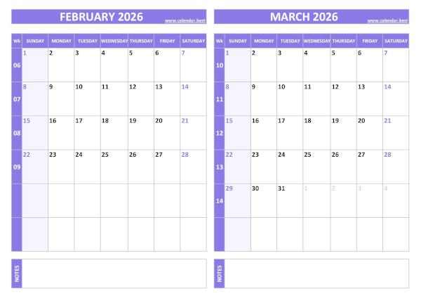 February and March 2026 calendar with week numbers, A4 landscape, purple template