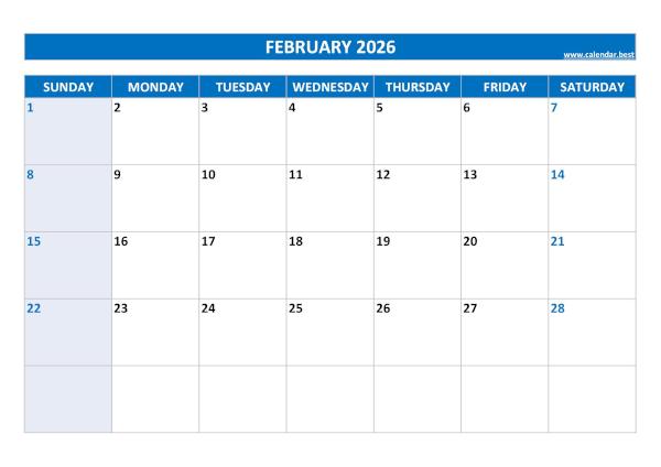 February 2026 printable calendar