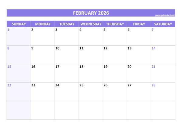 Blank monthly calendar : February 2026