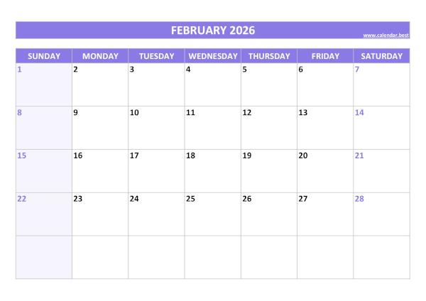 Monthly calendar printable, February 2026, purple template Blank monthly calendar : February 2026