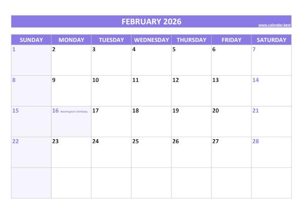 Printable monthly calendar with holidays, Month of February 2026, purple template February 2026 calendar with holidays