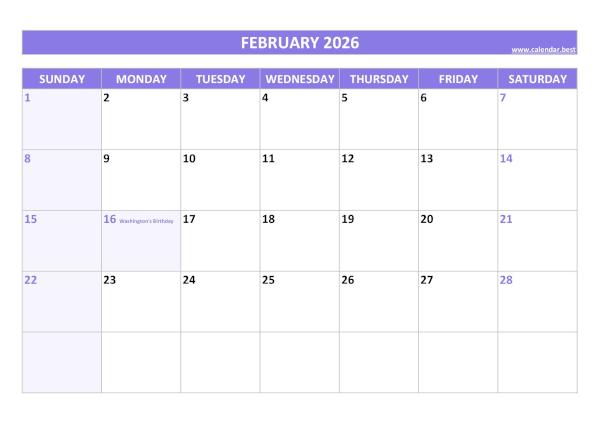 February 2026 calendar with holidays