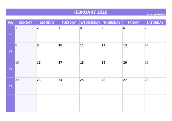 February 2026 calendar with weeks