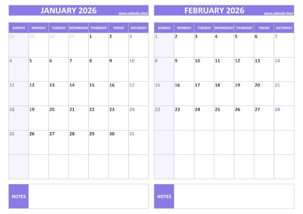Free printable January and February 2026 blank calendar - landscape format, purple template, download as PDF or JPG January and February 2026 calendar, blank, A4 landscape, purple template