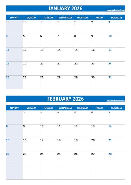 Free printable January and February 2026 blank calendar - portrait format, blue template, download as PDF or JPG January and February 2026 calendar, blank, A4 portrait, blue template