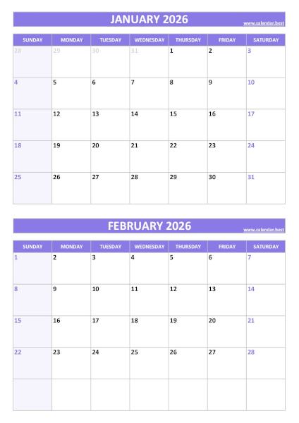 Free printable January and February 2026 blank calendar - portrait format, purple template, download as PDF or JPG January and February 2026 calendar, blank, A4 portrait, purple template