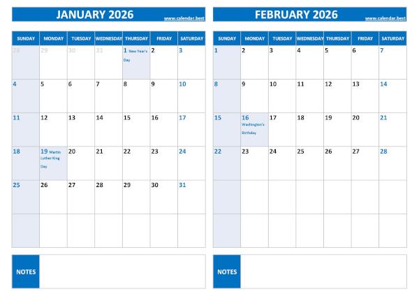 Free printable January and February 2026 calendar with US federal holidays, landscape format, blue template, download as PDF or JPG January and February 2026 calendar with US holidays, A4 landscape, blue template