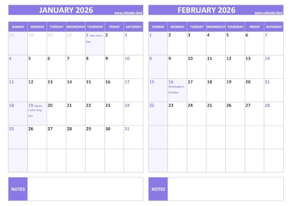 Free printable January and February 2026 calendar with US federal holidays, landscape format, purple template, download as PDF or JPG January and February 2026 calendar with US holidays, A4 landscape, purple template