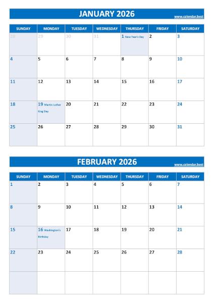 Free printable January and February 2026 calendar with US federal holidays, portrait format, blue template, download as PDF or JPG January and February 2026 calendar with US holidays, A4 portrait, blue template