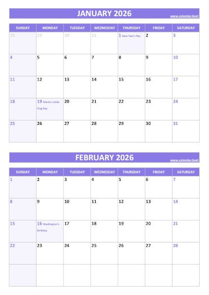 Free printable January and February 2026 calendar with US federal holidays, portrait format, purple template, download as PDF or JPG January and February 2026 calendar with US holidays, A4 portrait, purple template