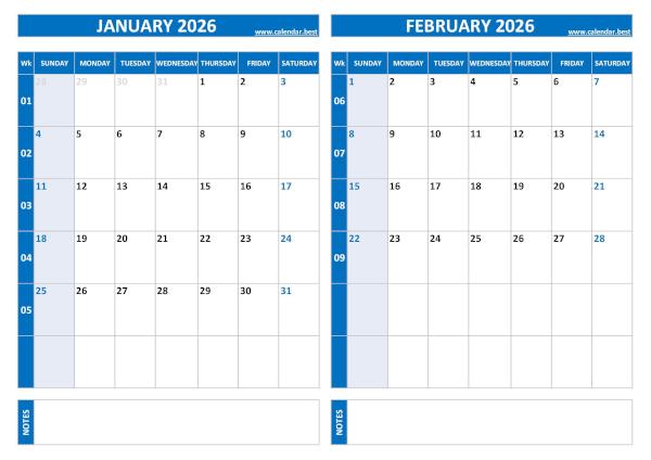 Free printable January and February 2026 calendar with US week layout, landscape format, blue template, download as PDF or JPG January and February 2026 calendar with week numbers, A4 landscape, blue template