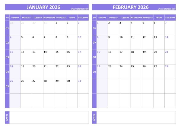Free printable January and February 2026 calendar with US week layout, landscape format, purple template, download as PDF or JPG January and February 2026 calendar with week numbers, A4 landscape, purple template