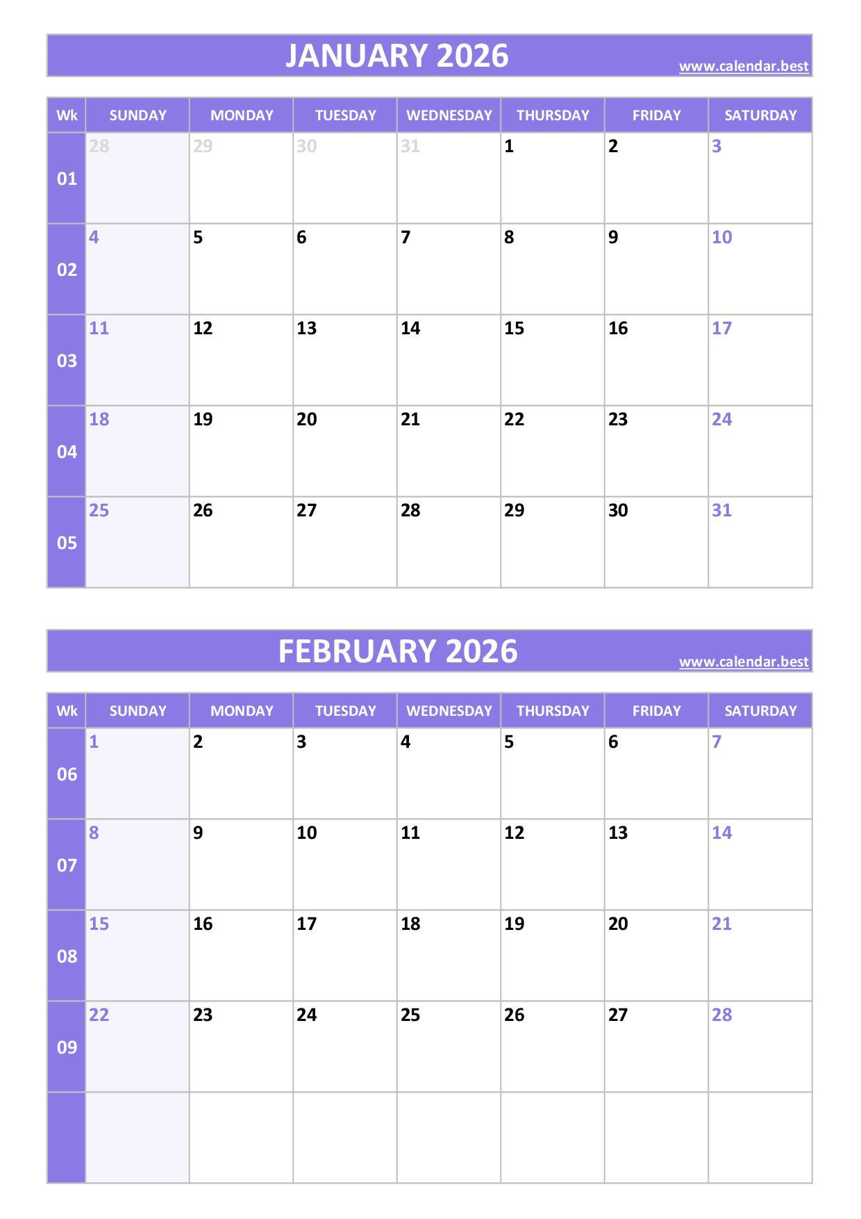 Free printable January and February 2026 calendar with US week layout, portrait format, purple template, download as PDF or JPG January and February 2026 calendar with week numbers, A4 portrait, purple template