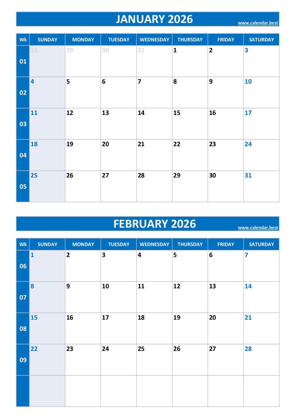 Free printable January and February 2026 calendar with US week layout, portrait format, blue template, download as PDF or JPG January and February 2026 calendar with week numbers, A4 portrait, blue template