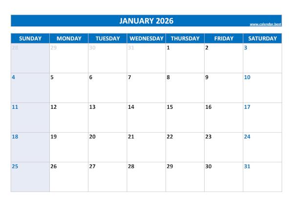 Monthly calendar for the month of January 2026