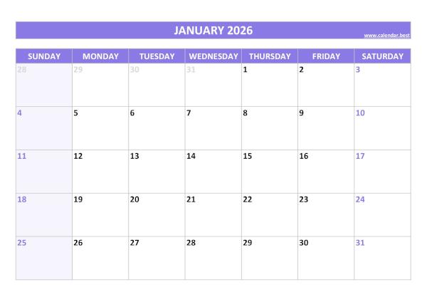 January calendar 2026