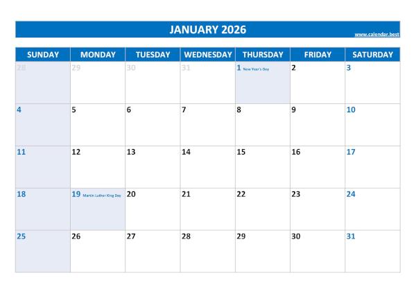January calendar 2026 with holidays