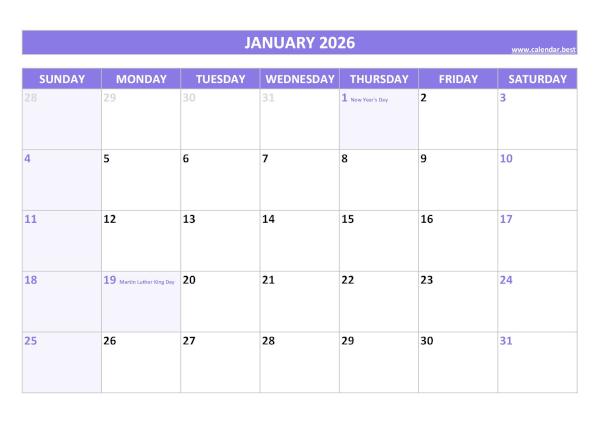 January 2026 calendar printable with federal holidays, free download, purple template January calendar 2026 with holidays