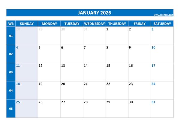 January 2026 calendar printable with week numbers, free download, blue template January calendar 2026 with week numbers