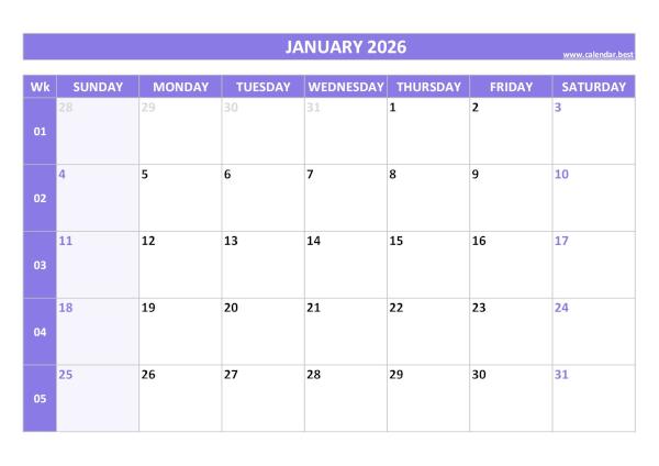 January 2026 calendar printable with week numbers, free download, purple template January calendar 2026 with week numbers