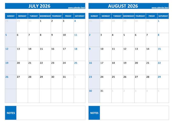 July and August 2026 calendar printable - blank, blue template, A4 landscape