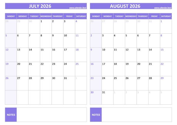 July and August 2026 calendar, blank, A4 landscape, purple template