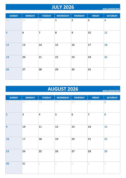 July and August 2026 calendar, blank, A4 portrait, blue template
