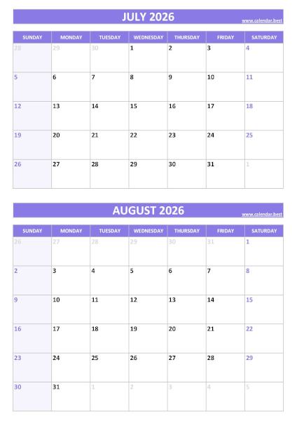 July and August 2026 calendar, blank, A4 portrait, purple template