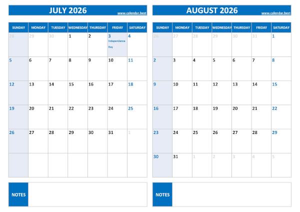 July and August 2026 calendar with US holidays, A4 landscape, blue template