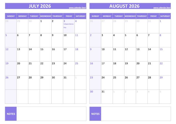 July and August 2026 calendar with US holidays, A4 landscape, purple template