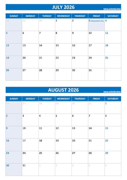 July and August 2026 calendar with US holidays, A4 portrait, blue template