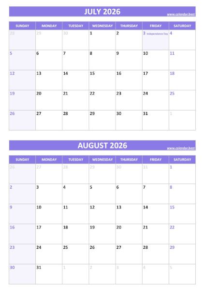 July and August 2026 calendar with US holidays, A4 portrait, purple template