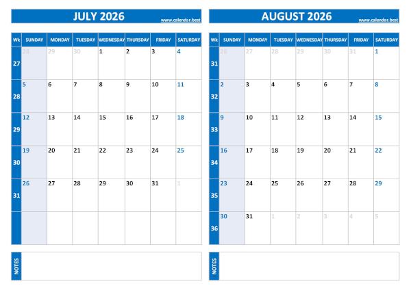 July and August 2026 calendar with week numbers, A4 landscape, blue template