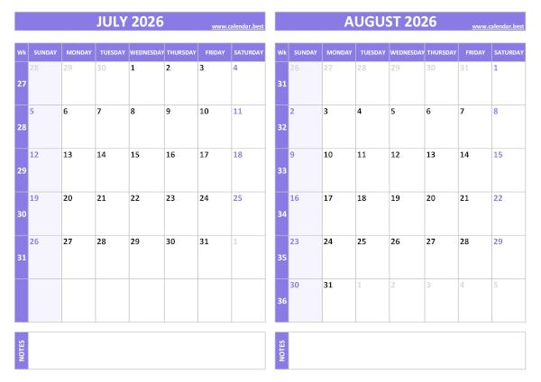 July and August 2026 calendar with week numbers, A4 landscape, purple template