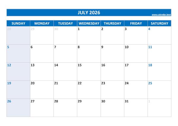 Blank monthly calendar : July 2026