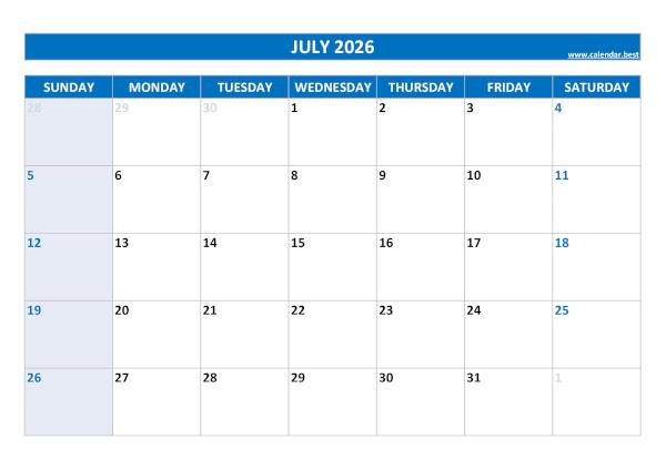 Monthly calendar printable, July 2026, blue template Blank monthly calendar : July 2026