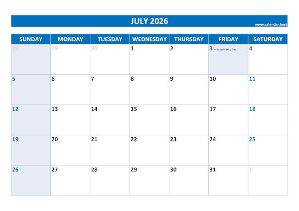 July 2026 calendar printable with federal holidays, free download, blue template July calendar 2026 with holidays