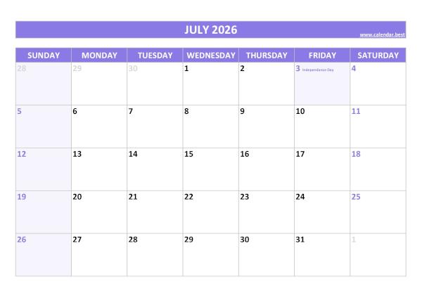 Printable monthly calendar with holidays, Month of July 2026, purple template July 2026 calendar with holidays