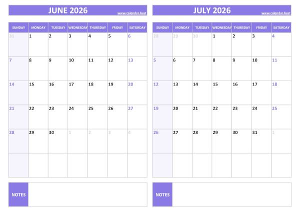 June and July 2026 calendar, blank, A4 landscape, purple template