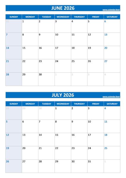 June and July 2026 calendar, blank, A4 portrait, blue template