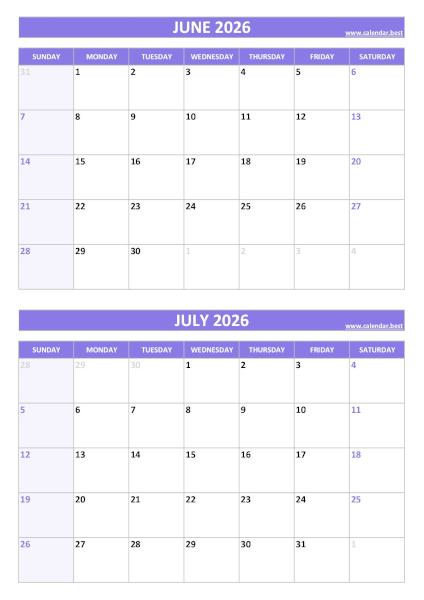 June and July 2026 calendar, blank, A4 portrait, purple template