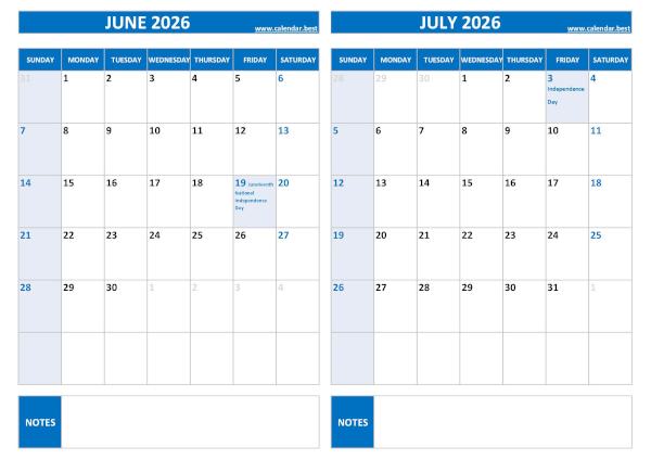 June and July 2026 calendar with US holidays, A4 landscape, blue template