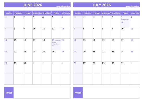 June and July 2026 calendar with US holidays, A4 landscape, purple template