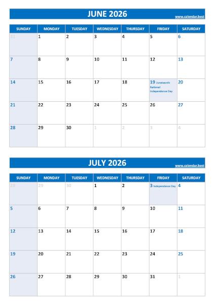June and July 2026 calendar with US holidays, A4 portrait, blue template