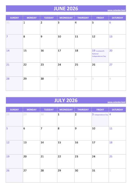June and July 2026 calendar with US holidays, A4 portrait, purple template