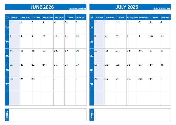 June and July 2026 calendar with week numbers, A4 landscape, blue template